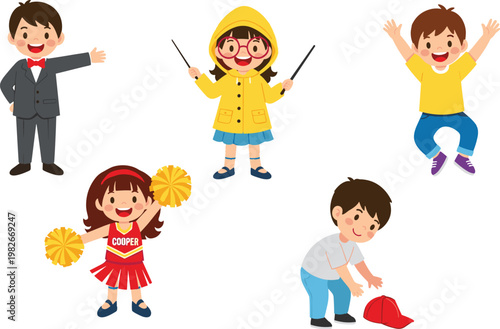Cute kids activities vector set featuring children in different roles including student cheerleader musician and playful poses isolated illustration