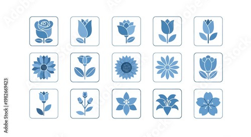 Collection of Blue Floral Icons: Roses, Tulips, Sunflowers, Daisies, Lilies