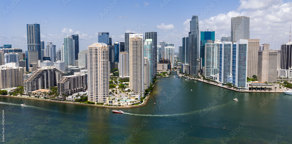 Fototapeta premium Miami cityscape from drone. Coastal Miami skyline with towers and business skyscrapers. Miami panorama with skyscrapers. Miami skyline near Brickell.
