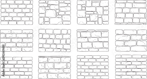 Twelve different hand drawn stone and brick wall patterns texture