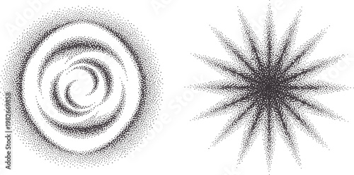 Two abstract stippled patterns a spiral and a starburst