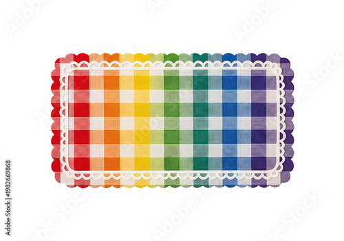 Rainbow Gingham Mat. Scalloped Border. Checkered Fabric. Colorful Decorative Textile. Isolated Object