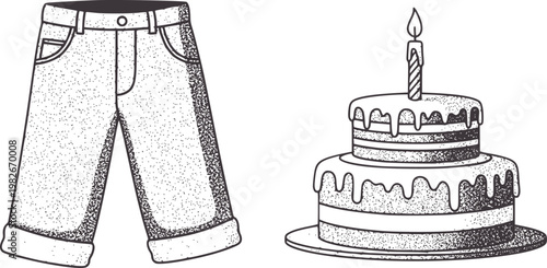 Two tier birthday cake with lit candle and cuffed jeans pants