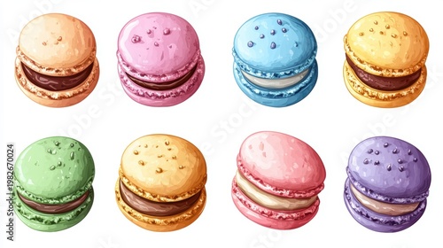 Pastel Macarons isolated on white background,events,aniversary festival gift set,french macaron cookies,menu banner for pastry shop.