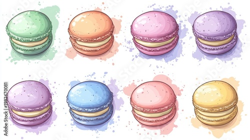 Pastel Macarons isolated on white background,events,aniversary festival gift set,french macaron cookies,menu banner for pastry shop.