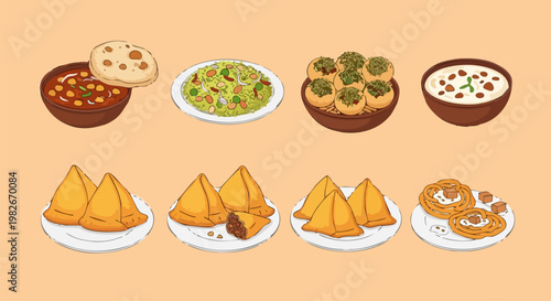 Indian street food vector collection, traditional snacks including samosa and pani puri, hand drawn asian cuisine illustrations for restaurant menus