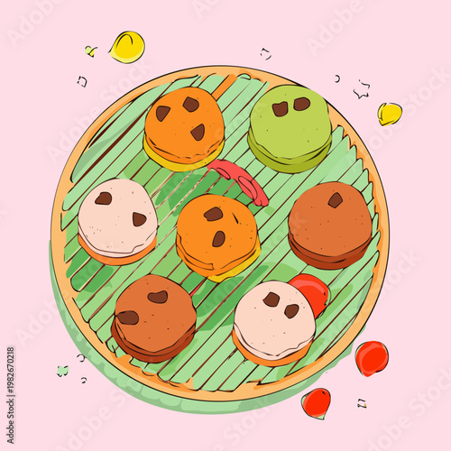 Small round cookies with chocolate chips and colorful toppings on green plate for sweet afternoon tea snack - Vector Illustration