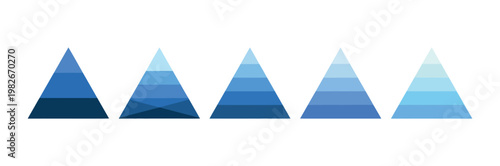 Pyramid infographic blue set one to six level triangle hierarchy data segments business structure vector illustration isolated white background