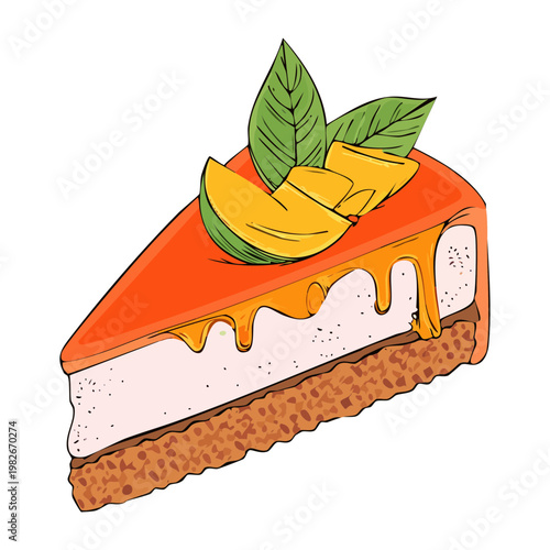 Sweet cheesecake slice with mango topping and caramel drizzle for delicious homemade dessert and bakery shop - Vector Illustration