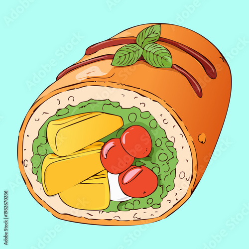 Healthy fruit wrap roll with mango and greens for quick tropical snack and nutritious vegan lunch option - Vector Illustration