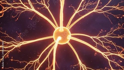 Glowing neuron cell with branching dendrites.
