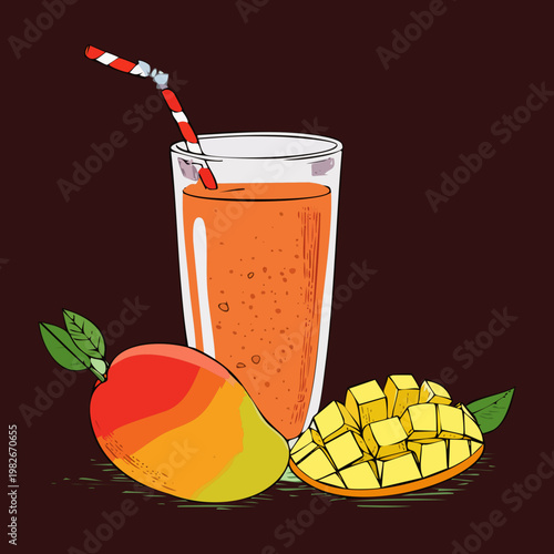 Cold mango juice with fruit garnish on dark background for luxury tropical beverage and healthy drink - Vector Illustration