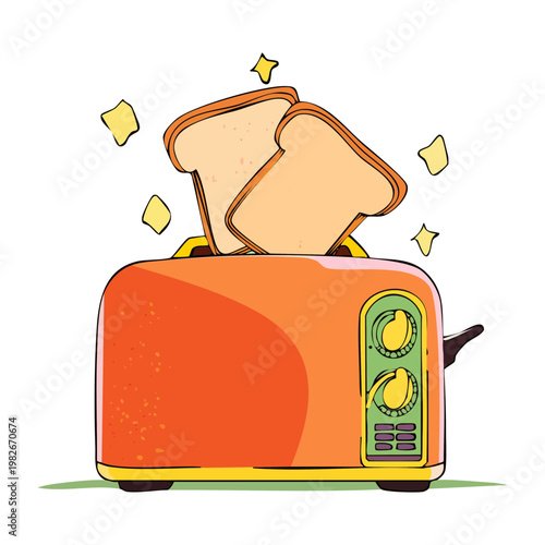 Red toaster with fresh bread slices for delicious crispy breakfast and quick kitchen morning meal - Vector Illustration