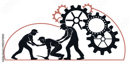 Industrial labor silhouette depicting three workers collaborating with large mechanical gears and cogs under a curved archway representing hard work and manual engineering tasks, industry