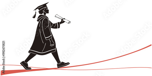 Graduate walking forward along a red path while holding a diploma scroll representing the journey from education into a professional career and future success after university with graduate