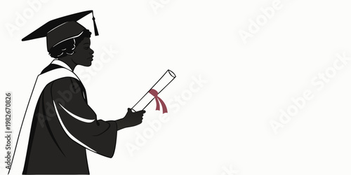 Silhouette of a female graduate student wearing a traditional academic gown and mortarboard cap holding a rolled diploma scroll after completing higher education university studies with graduate