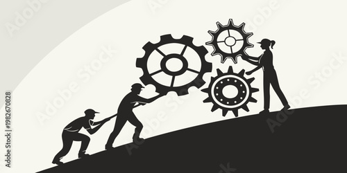Concept of industrial progress and teamwork showing workers pushing large mechanical gears up a steep slope representing business growth challenges and collaborative effort with mountain