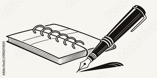 Elegant black and white line art illustration of a classic fountain pen resting on a spiral bound notebook symbolizing writing journaling education creative professional work with notebook