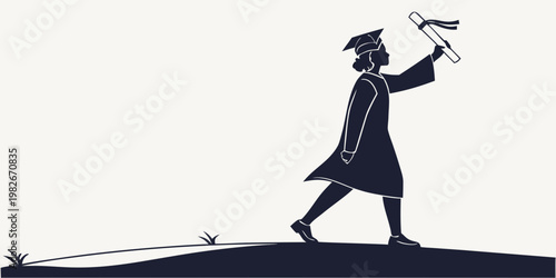 Triumphant silhouette of a female student walking up a hill and raising a diploma scroll in the air, celebrating academic achievement and university graduation success in a graphic vector style