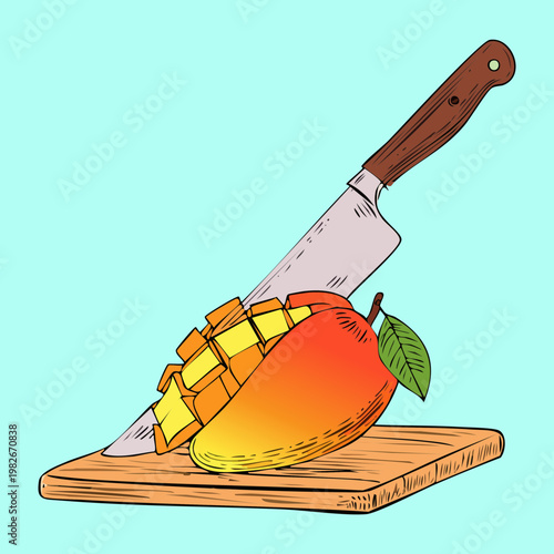 Cutting a ripe mango with knife for delicious tropical fruit snack and healthy organic dessert - Vector Illustration