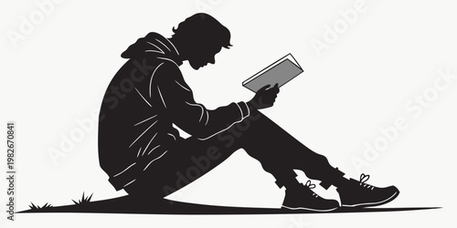 Silhouette of a young man sitting on the ground and reading a book representing education leisure quiet study time the joy of literature in a clean vector graphic style with silhouette, learning