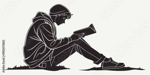Graphic silhouette illustration of a young man in a beanie sitting on the grass while reading a book in a park with silhouette outdoors lifestyle education learning knowledge literature