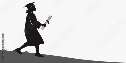 Silhouette of a graduating female student walking up a hill while holding a diploma scroll representing academic progress success the future journey of a graduate in a clean graphic style