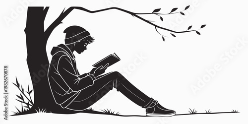 Silhouette illustration of a young man in a beanie and hoodie sitting under a tree branch while reading a book outdoors with silhouette outdoors education knowledge clothing peaceful