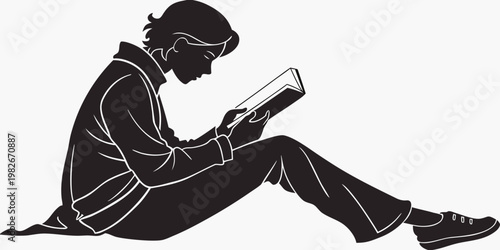 Simple black silhouette of a person in casual attire sitting on the ground and carefully reading an open book with silhouette clothing sneakers education learning knowledge literature