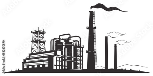 Black and white vector illustration of an industrial manufacturing plant with tall chimneys emitting smoke and various processing structures on a flat horizon industry industrial manufacturin