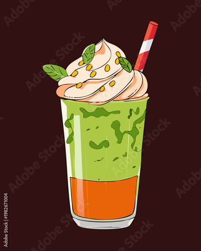 Matcha green tea smoothie with whipped cream for healthy refreshing beverage and sweet cafe drink - Vector Illustration