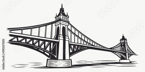 Vintage style black and white illustration of iconic suspension bridge with suspension architecture monochrome illustration landmark structure engineering crossing infrastructure