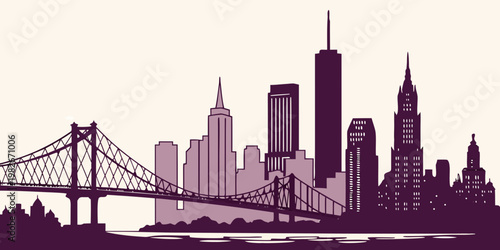 Silhouette illustration of a modern city skyline with a suspension bridge silhouette architecture metropolis buildings landscape suspension downtown panorama illustration construction
