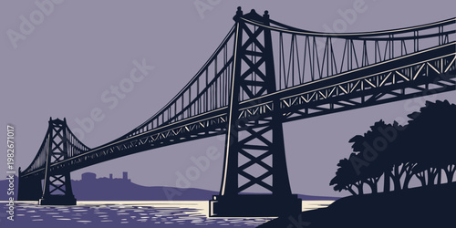 Dusk silhouette of suspension bridge over calm water by coastline with trees suspension silhouette coastline landscape architecture structure infrastructure engineering twilight