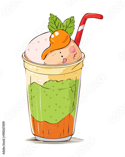 Matcha latte with whipped cream and cute character decoration for creative cafe menu and sweet treat - Vector Illustration