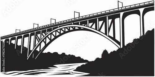 Black and white vector illustration of an arched concrete bridge spanning a river with illustration architecture landscape infrastructure engineering monochrome silhouette construction