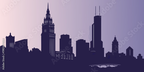 Purple silhouette graphic of a city skyline with tall skyscrapers and a small bridge silhouette buildings architecture skyscraper metropolis illustration landscape downtown panoramic