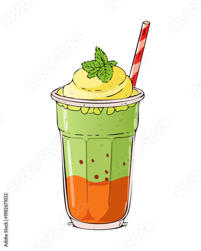 Matcha green tea shake with cream and straw for refreshing summer beverage and healthy sweet treat - Vector Illustration