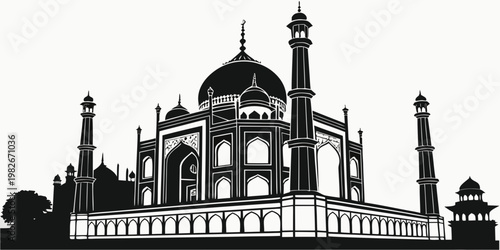 Black and white silhouette vector illustration of a classic monumental mughal style mausoleum with domes and minarets mausoleum monument silhouette architecture building landmark cultural