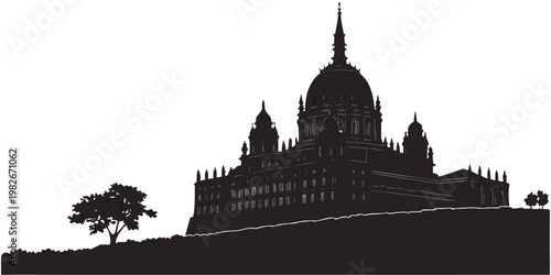 Silhouette illustration of an ornate historic mansion or palace building on a hilltop under a clear sky with silhouette building architecture historic landmark residence structure