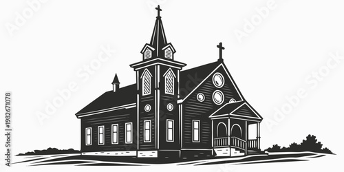 Black and white silhouette graphic of a historic wooden chapel building with building silhouette religion christianity architecture historic illustration isolated religious spiritual