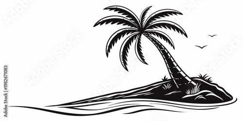 Tropical island silhouette with a single palm tree and calm waves tropical silhouette paradise illustration isolated vacation landscape minimalist blackandwhite template islandlife