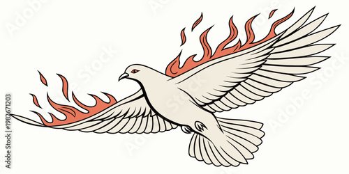 White dove in flight with fiery wings illustration creative isolated background stylized abstract mythical passionate intensity movement wildlife decorative