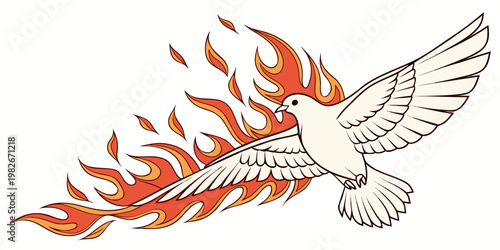 Stylized illustration of a dove flying through fire with illustration creative conceptual abstract wildlife contrast transformation mythological peaceful aggressive stylized dramatic