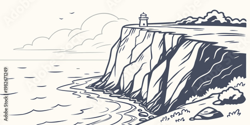 Line art illustration of a lighthouse on a steep cliff overlooking the ocean with lighthouse landscape shoreline seascape maritime navigation illustration minimalist monochrome