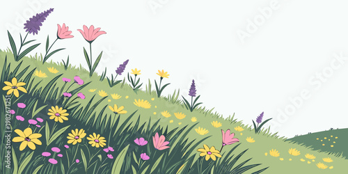 Illustration of wildflowers in a spring meadow with wildflowers blooming botanical springtime colorful landscape outdoors vegetation sunlight botanics blossoming meadowland