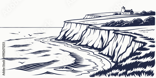 Black and white graphic illustration of a coastal lighthouse on a cliff top with lighthouse landscape illustration monochrome seascape viewpoint adventure navigation maritime coastline