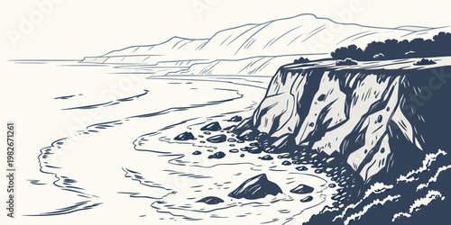 Graphic illustration of a rugged rocky coastline with high cliffs and rolling mountains coastline landscape mountains seascape shoreline illustration monochrome viewpoint adventure