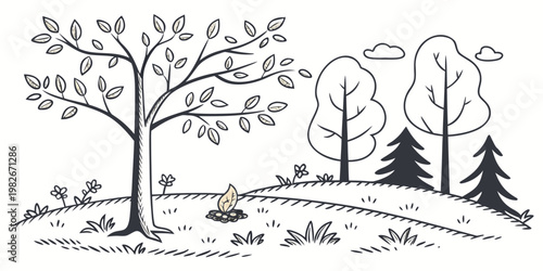 Hand drawn doodle landscape with a campfire and trees in nature landscape campfire illustration outdoors stylized environment adventure vacation creative vegetation wilderness