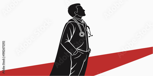 Graphic illustration of a confident male doctor in lab coat standing on a red path background with physician medicine healthcare stethoscope professional hospital practitioner specialist
